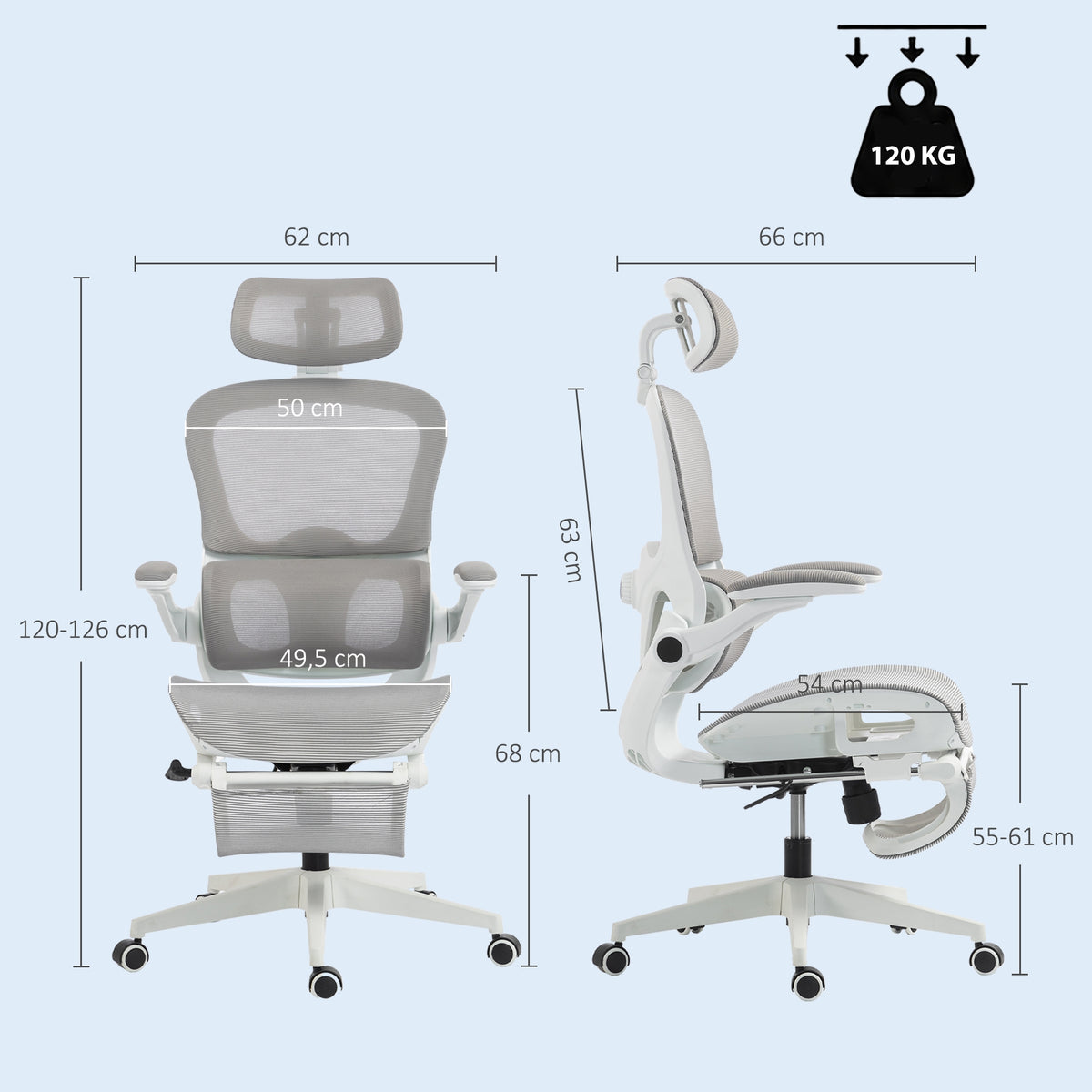 Chaise Bureau Ergonomique Inclinable en Maille, Support Lombaire, Appui-Tête, Accoudoirs Relevables, 62x66x126cm, Gris-2