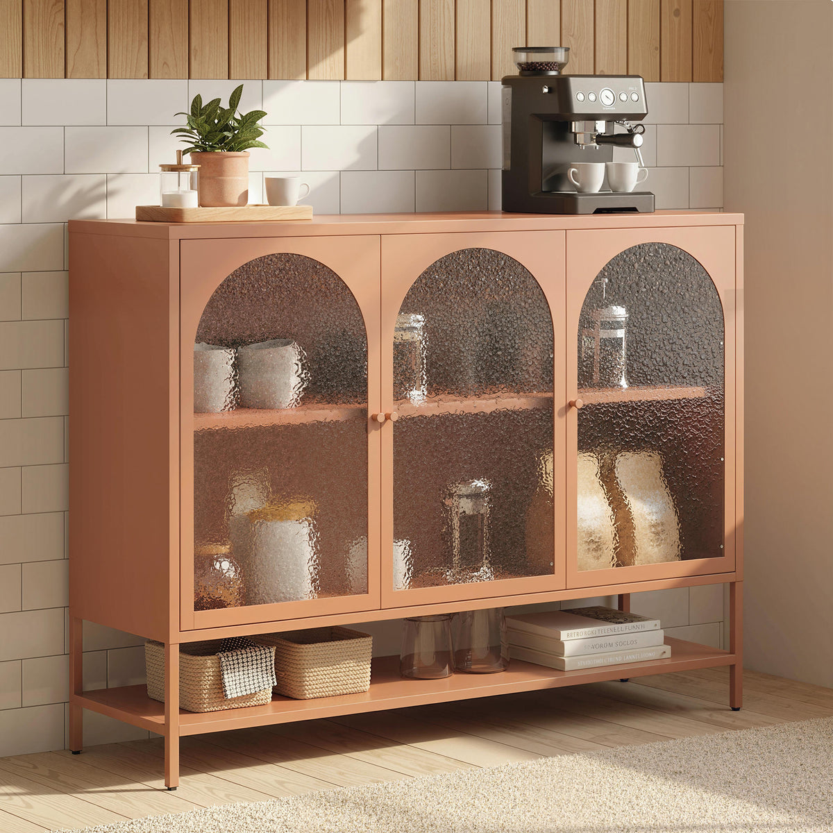 Buffet salon, meuble de rangement avec 3 portes vitrées cintrées et étagère ouverte, 140 x 40 x 105 cm, rouille-8