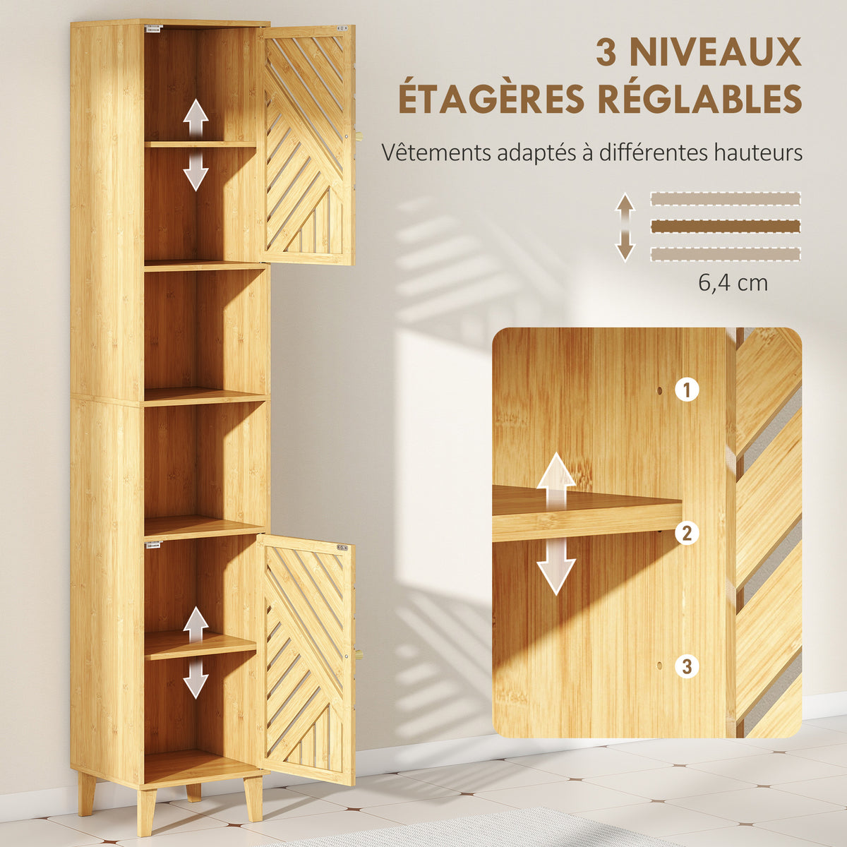 Armoire salle de bain, meuble de rangement colonne, portes en bambou, étagères réglables, 32x30x170cm, bois naturel-4
