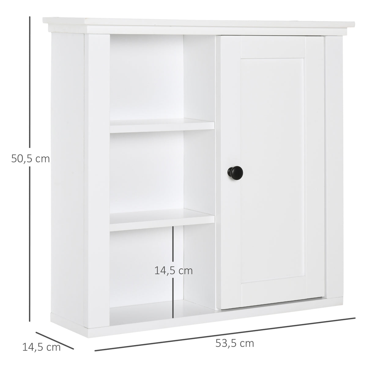 Armoire Murale de Salle de Bain Meuble Suspendu WC Placard 1 Porte 3 niches dim. 53L x 14,5l x 50,5H cm en bois Blanc-2