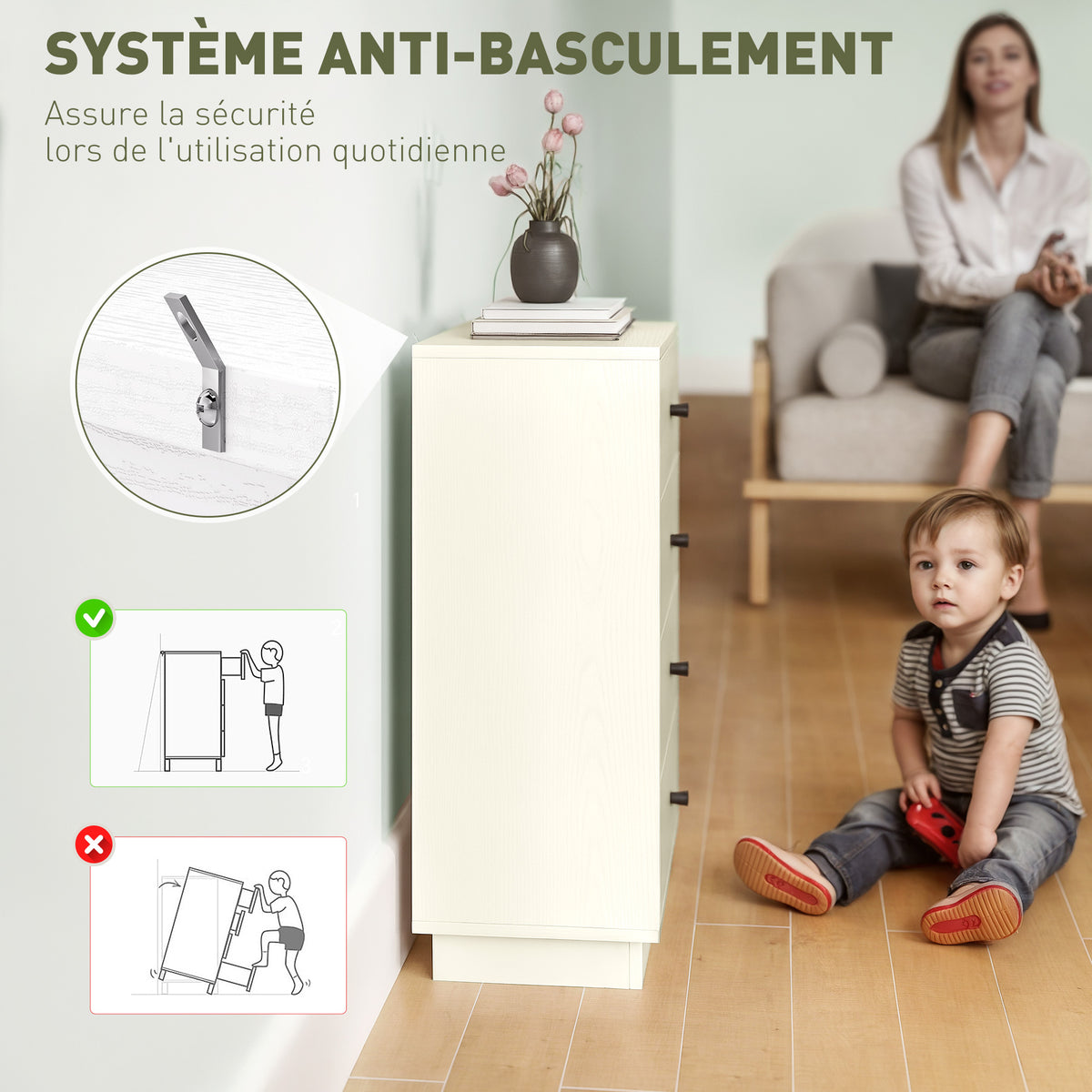 Commode 4 tiroirs moderne, meuble de rangement pour chambre à coucher, salon, entrée, 47 x 29 x 75 cm, crème-4
