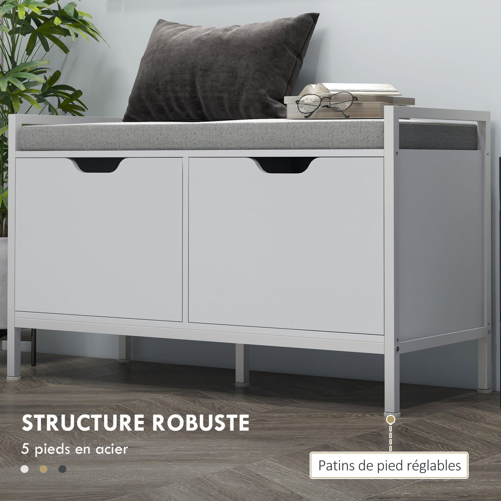 Banc meuble à chaussures, 2 placards, meuble d'entrée avec coussin rembourrée, 84l x 35P x 50H cm, blanc-5