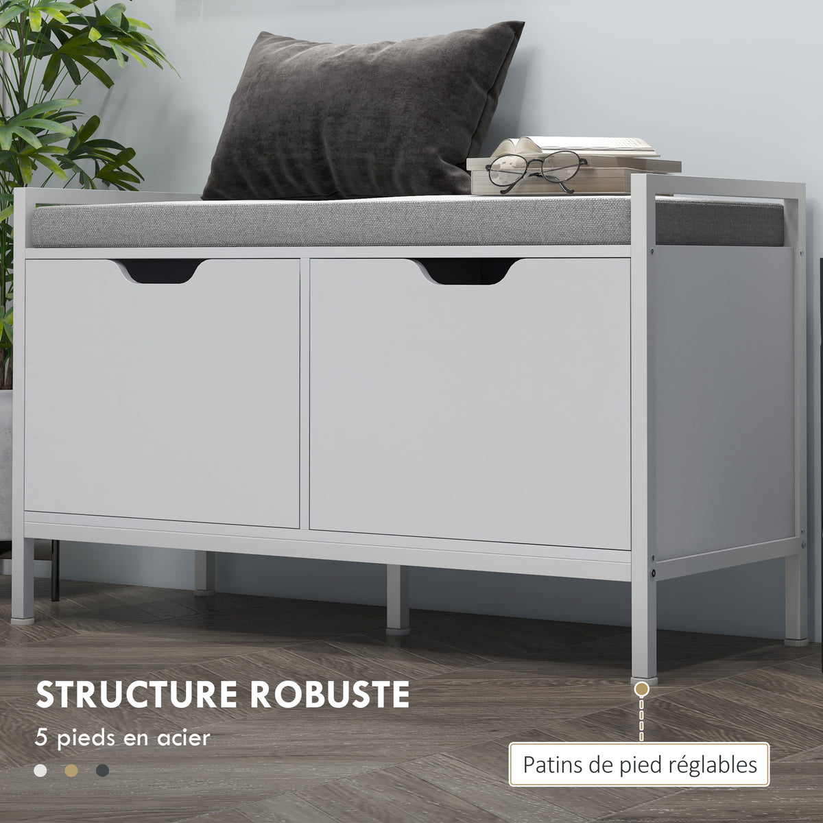 Banc meuble à chaussures, 2 placards, meuble d'entrée avec coussin rembourrée, 84l x 35P x 50H cm, blanc-5