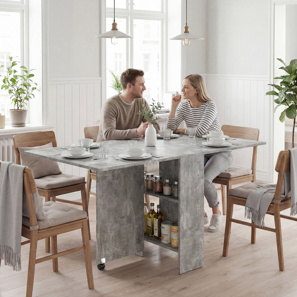 Table pliante de cuisine salle à manger amovible sur roulettes 75L x 140l x 74H cm 2 étagères intégrées en bois-9