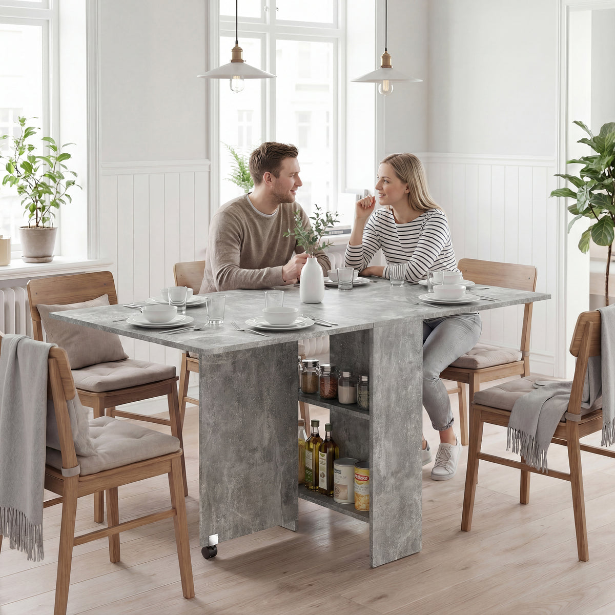 Table pliante de cuisine salle à manger amovible sur roulettes 75L x 140l x 74H cm 2 étagères intégrées en bois-9
