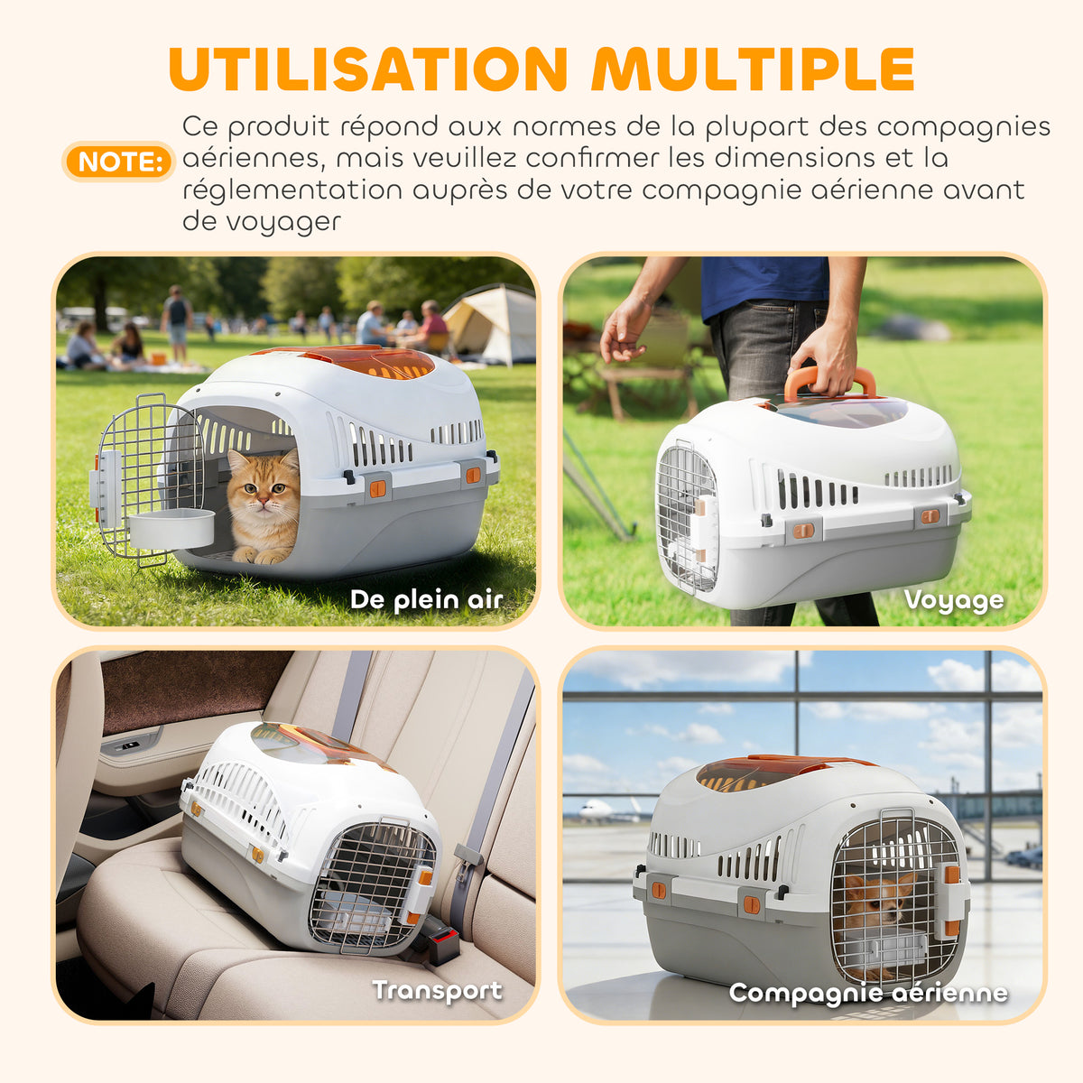 Caisse de transport chat et chien, cage de transport avec porte acier, bol de nourriture, 49 x 32 x 31 cm, gris et crème-3