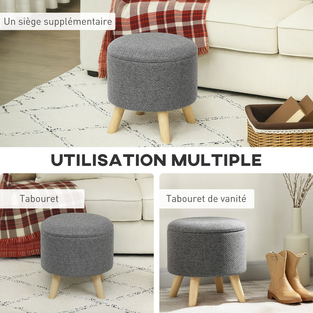 Pouf rond repose-pieds tabouret avec coffre de rangement pieds en bois design moderne gris-5