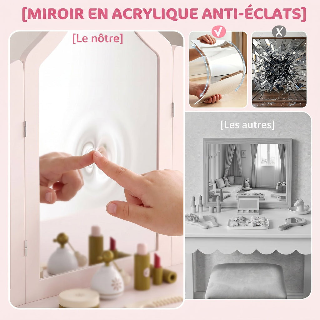 Coiffeuse pour Enfants avec Tabouret et Miroir à Trois Volets en Acrylique, 2 Tiroirs et 2 Placards, Rose-4