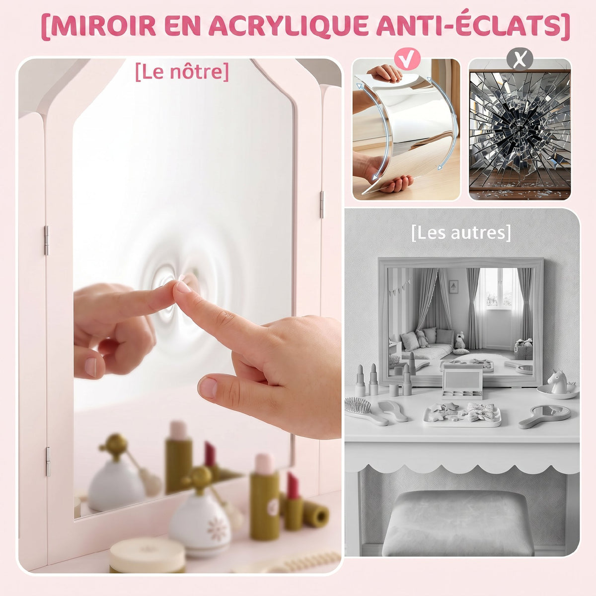 Coiffeuse pour Enfants avec Tabouret et Miroir à Trois Volets en Acrylique, 2 Tiroirs et 2 Placards, Rose-4