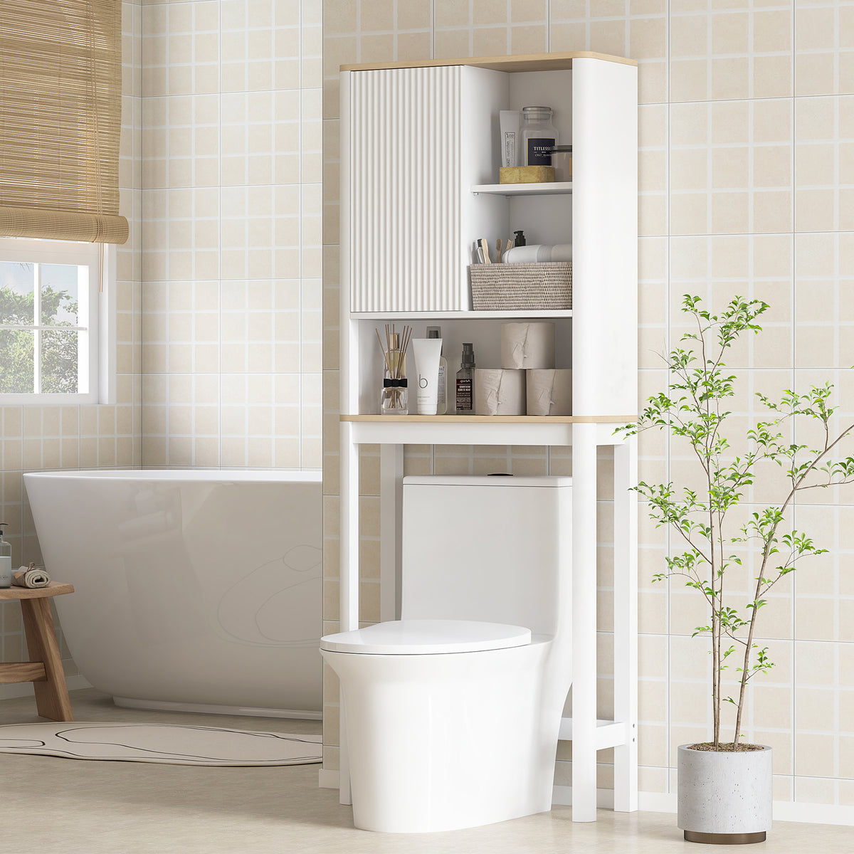 Meuble de rangement au-dessus des toilettes avec porte cannelée, compartiments, étagère réglable, 65x25x170cm, blanc-1
