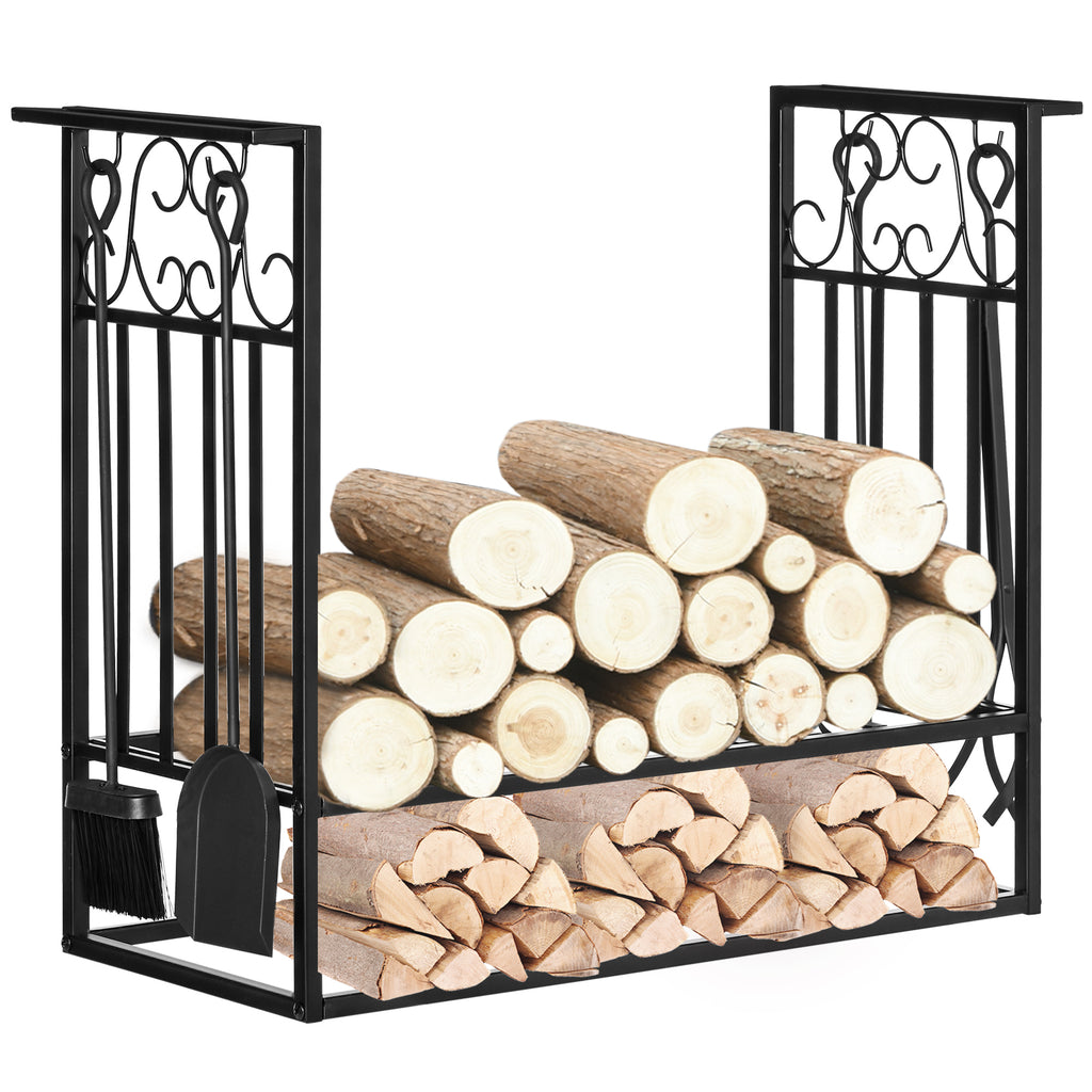 Porte-bûches range bûches étagère à bois de cheminée serviteur de cheminée multi-accessoires dim. 75L x 30l x 60H cm acier noir-0