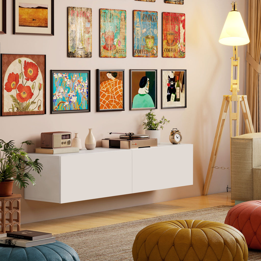 Meuble TV suspendu pour téléviseur jusqu'à 45 55 65 pouces avec 2 placards à portes, 140 x 33 x 29,8 cm, blanc-6