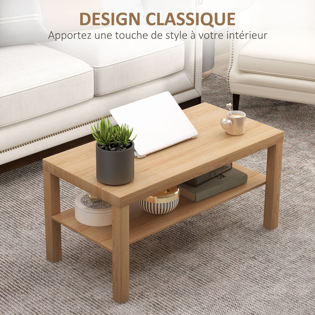 Table basse de salon, table d'appoint rectangulaire à 2 niveaux avec étagère de rangement, 90x45x44,5cm, bois naturel-3