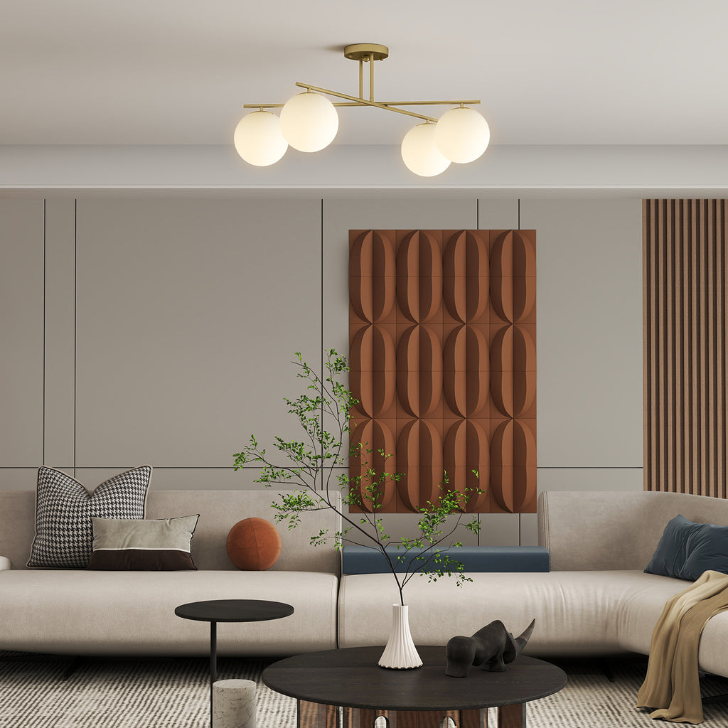 Plafonnier lustre moderne à 4 lumières avec culot E14, montage semi-affleurant, doré et crème-1