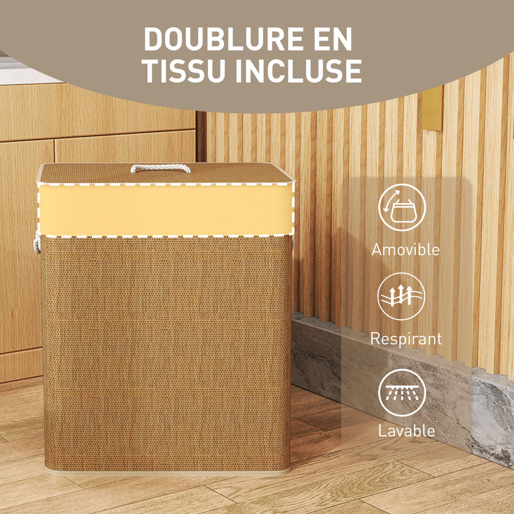Panier à linge double avec couvercle, panier à linge en bambou 100 L avec poignées en corde-6