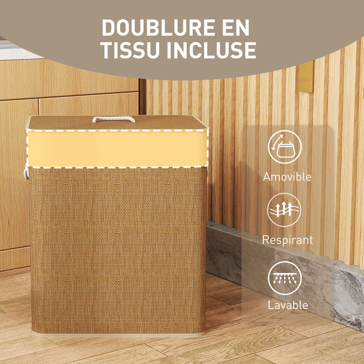 Panier à linge double avec couvercle, panier à linge en bambou 100 L avec poignées en corde-6