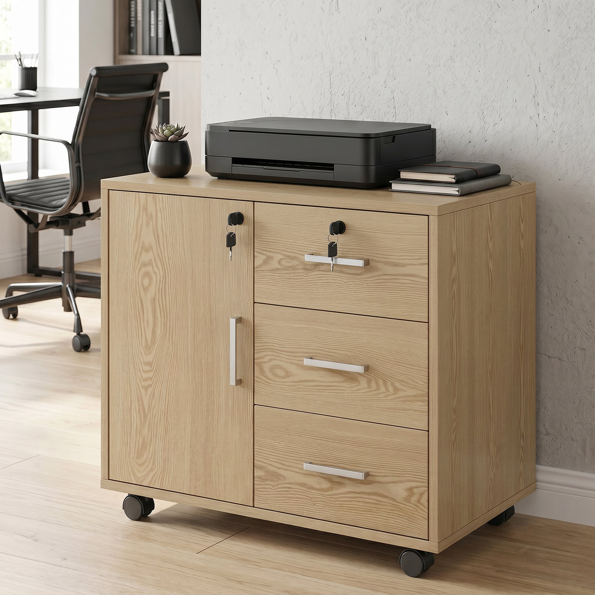 Caisson bureau meuble de rangement verrouillable avec 3 tiroirs et étagère réglable, roulettes, 40 x 60 x 56 cm, marron clair-1