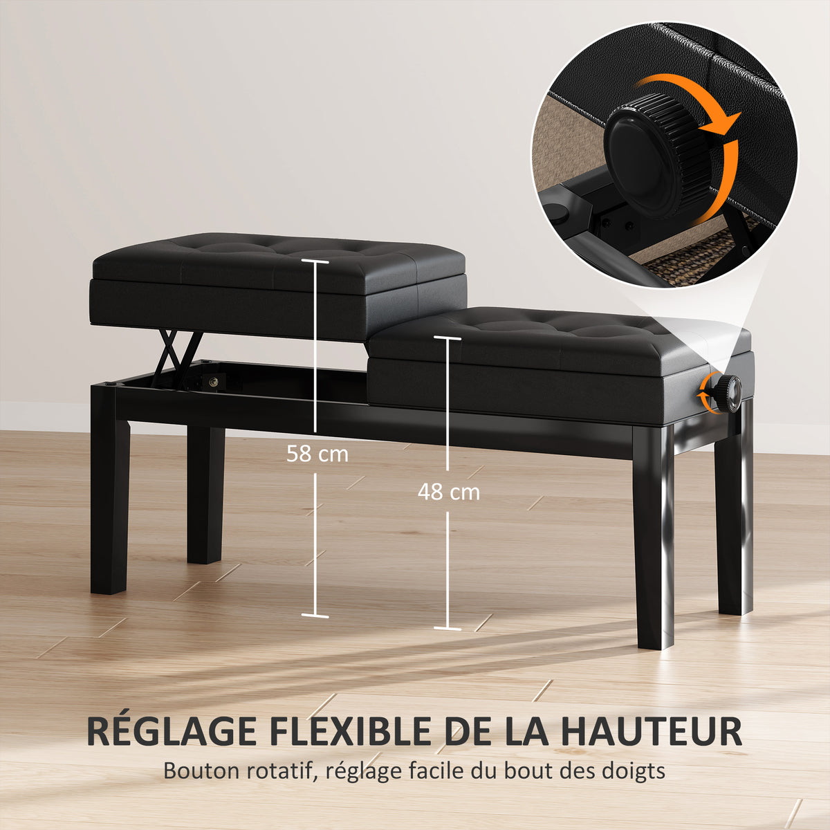 Banc de piano réglable en hauteur, tabouret de piano avec rangement, banquette pour clavier capitonné, noir-5