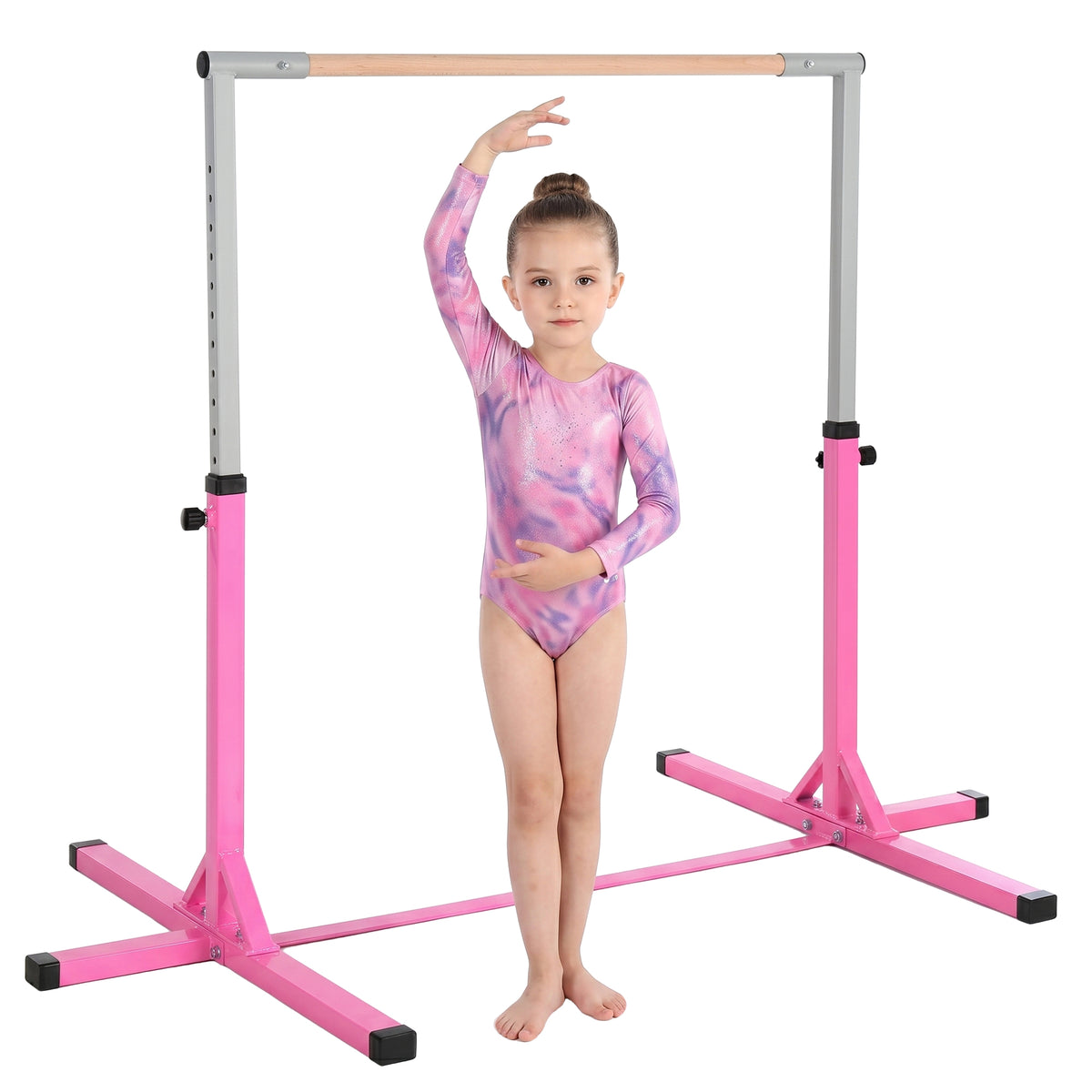 Barre Fixe de Gymnastique pour Enfant, Hauteur Réglable sur 13 Niveaux de 92-150 cm, en Acier et Bois de Hêtre, Barre de Gym d'Entraînement à Domicile, Antidérapant, Facile à Assembler, Rose-0