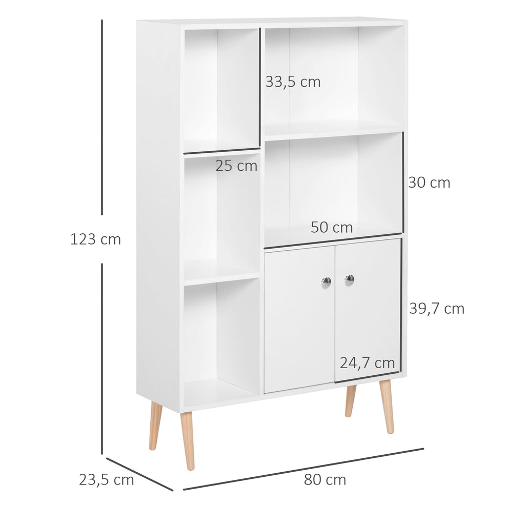 Bibliothèque scandinave meuble de rangement dim. 80L x 23,5l x 123H cm 5 niches placard 2 portes pieds effilés inclinés bois massif panneaux particules blanc-2