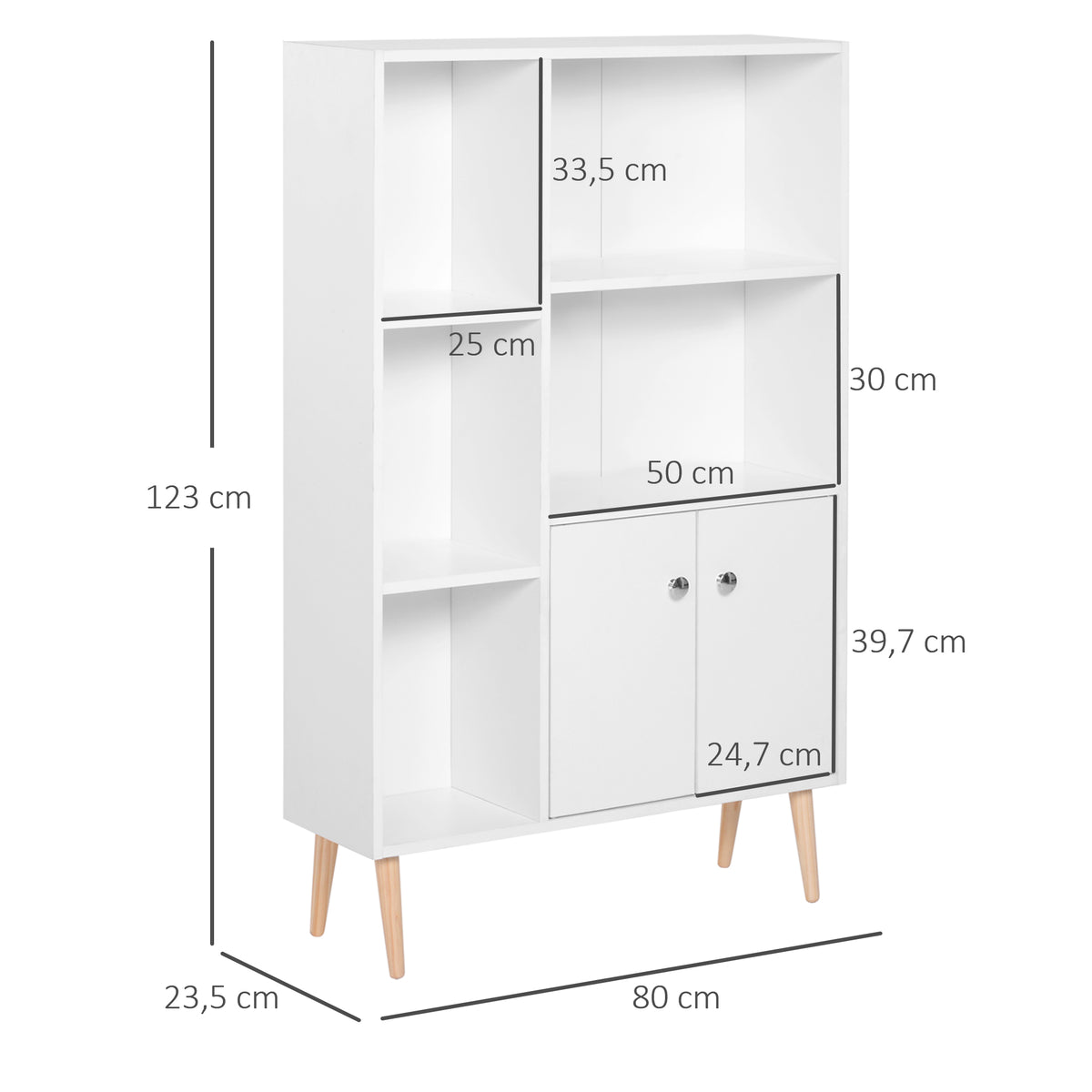 Bibliothèque scandinave meuble de rangement dim. 80L x 23,5l x 123H cm 5 niches placard 2 portes pieds effilés inclinés bois massif panneaux particules blanc-2