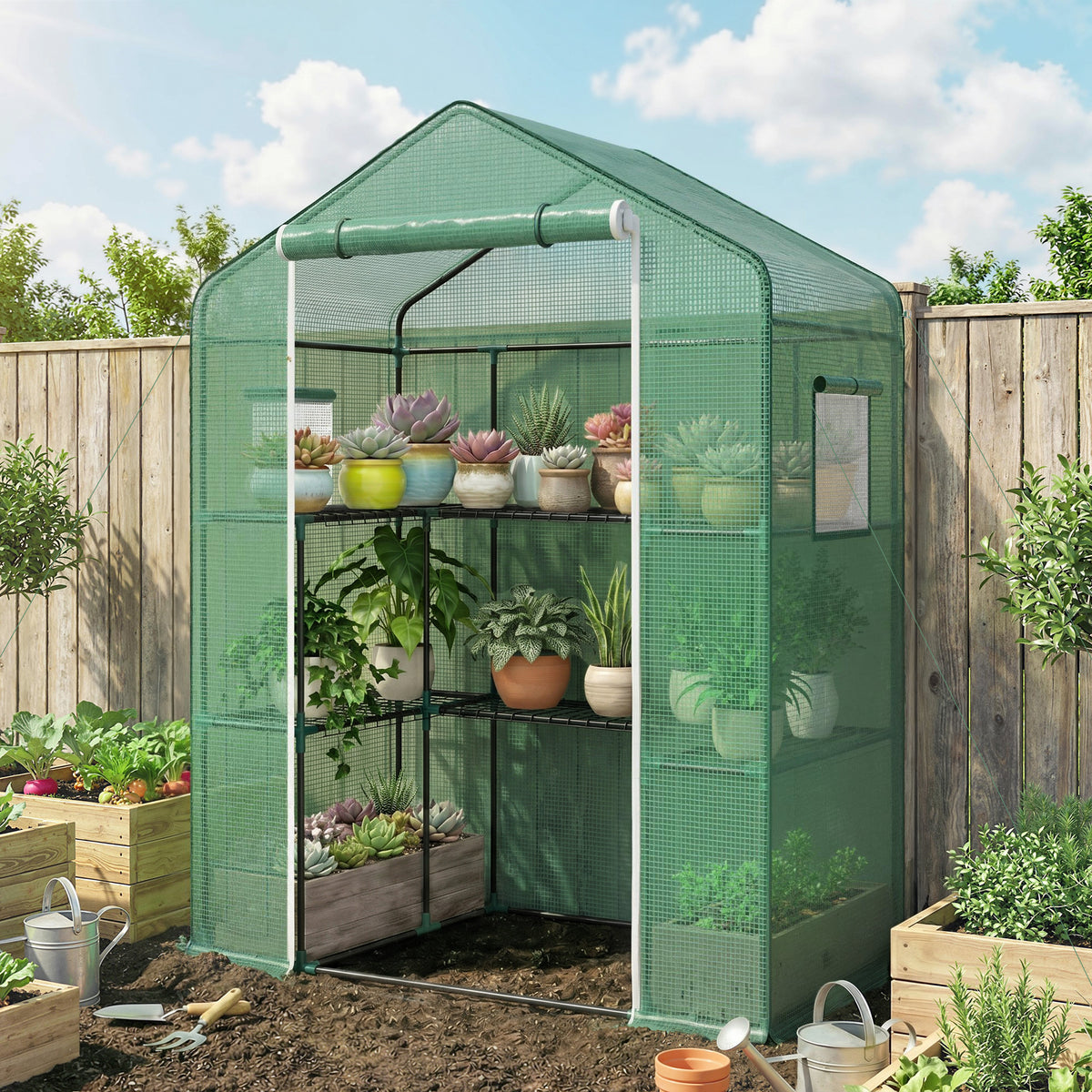 Serre de jardin avec 1 porte, 2 fenetres et 2 étagères en forme de U pour Légumes Plantes Fleurs Bâche PE 140x73x190 cm-1