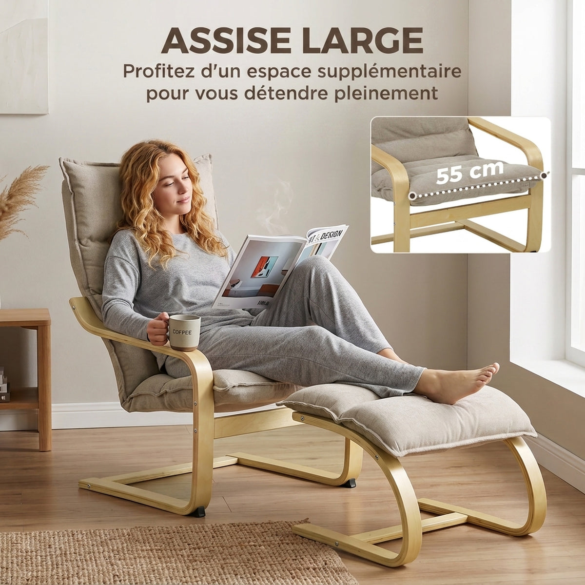 Fauteuil de Salon avec Repose-Pied, Fauteuil d'Appoint en Lin, Assise Large, Dossier Haut, Bascule Douce, Beige-4