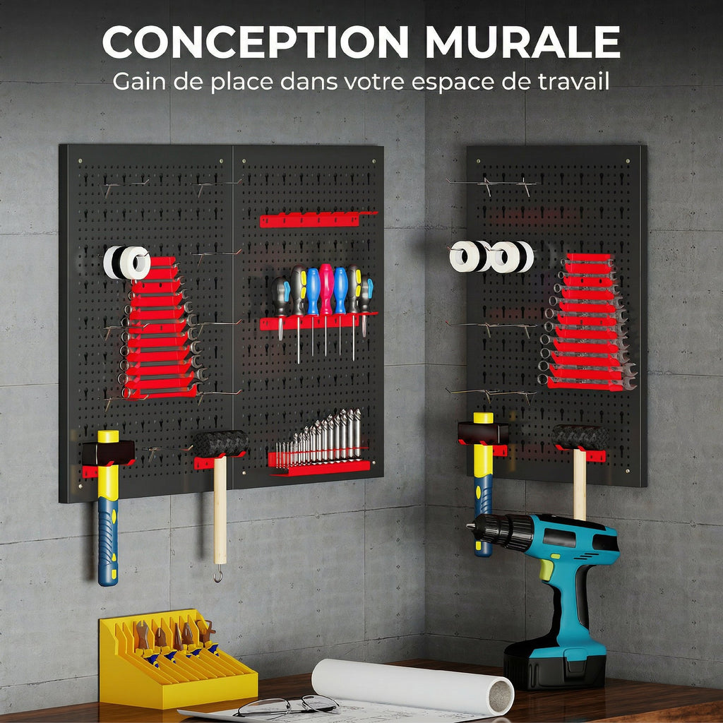 panneau perforé mural 600 x 400 mm, organiseur garage en acier avec 3 panneaux perforés, noir et rouge-5