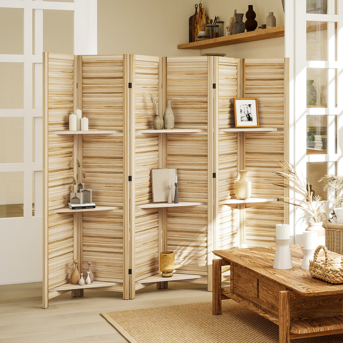 Paravent intérieur en bois 4 panneaux 160 x 170 cm, séparateur de pièce pliable 3 étagères, bois naturel effet brûlé-1