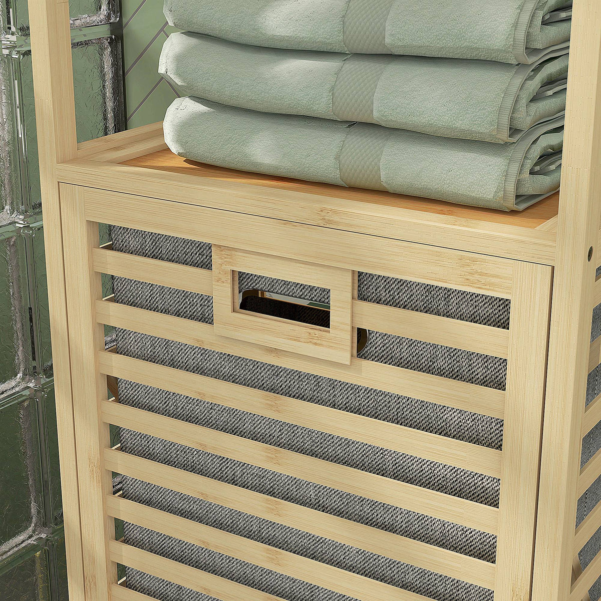 Etagère de rangement pour salle de bain en bambou avec 3 étagères et 1 panier à linge amovible 44L x 33l x 160H cm-7