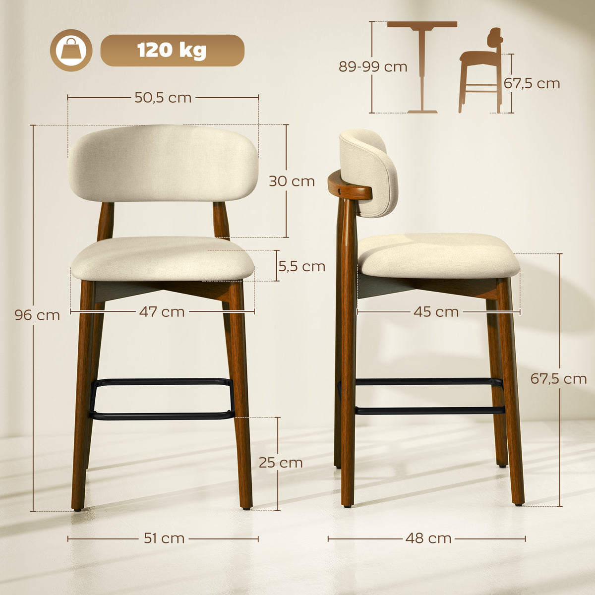 Lot de 2 Tabourets de Bar, Chaises de Bar en Chenille, Assise Rembourrée, Dossier et Repose-Pieds, Pieds en Bois, Beige-2