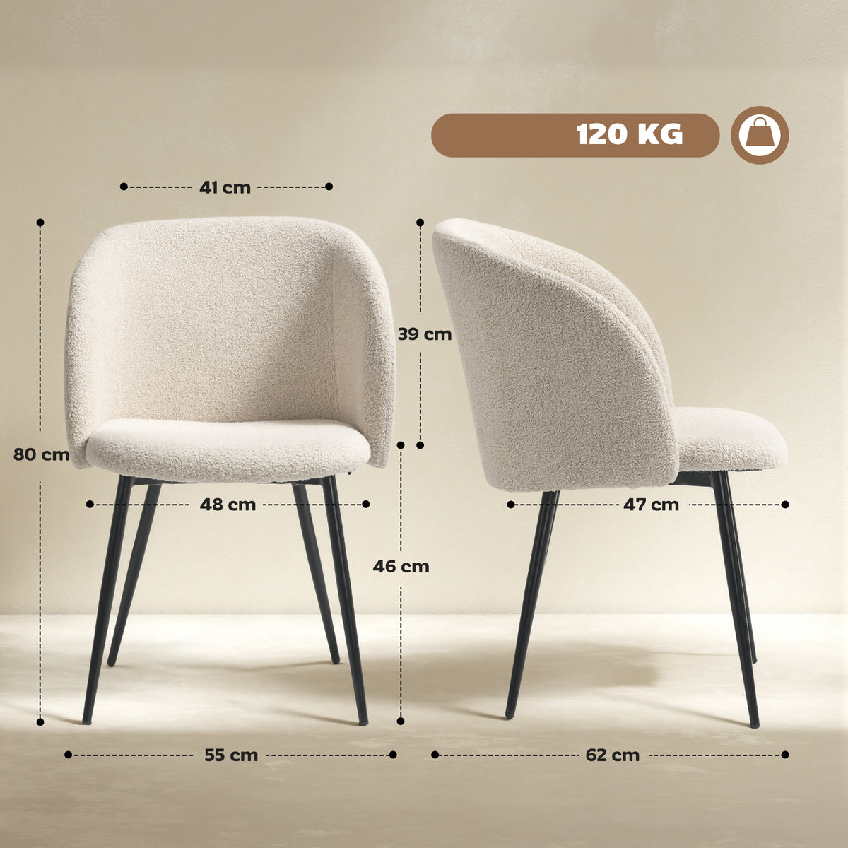 Lot de 2 chaises de salle à manger avec dossier en tissu effet laine boucleé pieds en acier 55 x 62 x 80 cm beige noir-2