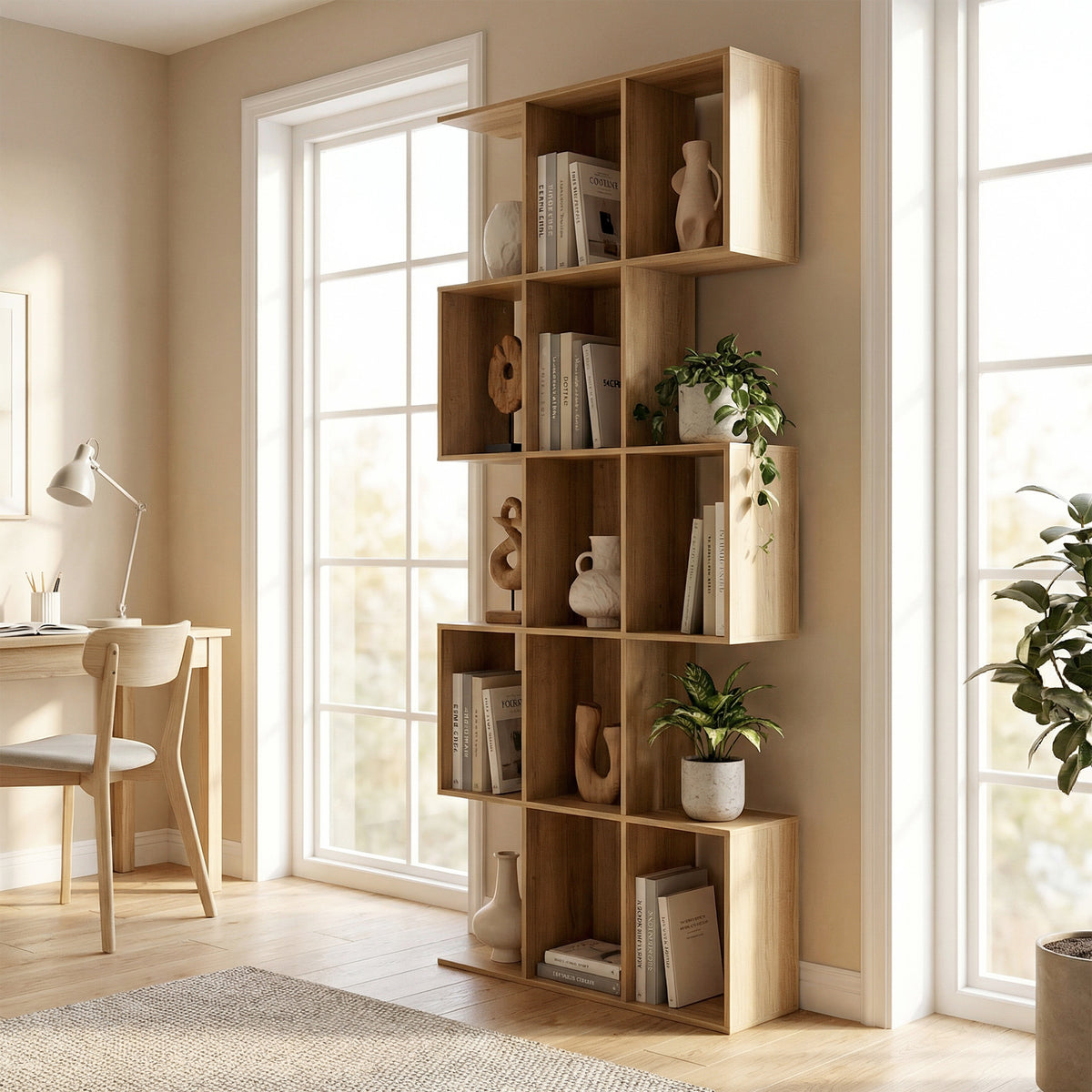 Bibliothèque à 5 niveaux, étagère de rangement en forme S avec 15 compartiments ouverts, 80 x 24 x 200 cm, chêne-1