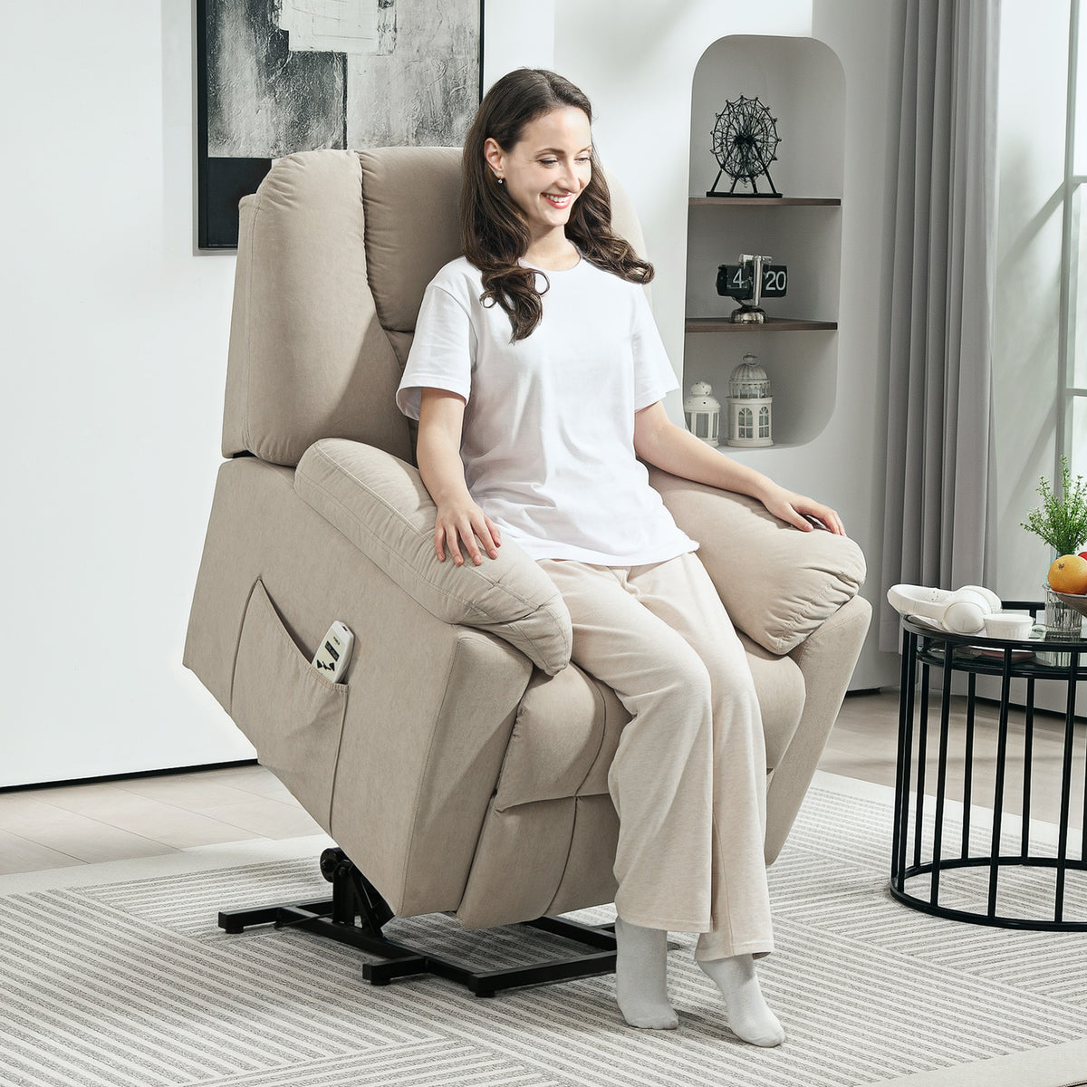 Fauteuil releveur électrique avec fonction massage et chauffage avec dossier inclinable, ports USB, télécommande, beige-1