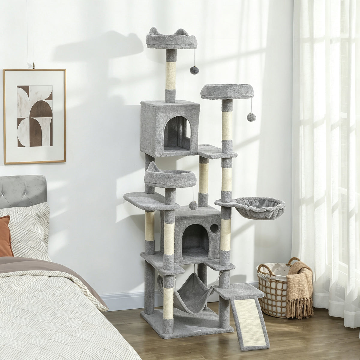 Arbre à chat tour de jeux pour chat 8 poteaux à griffer 4 plateformes 2 niches  échelle et 3 boules hauteur 192 cm gris-1