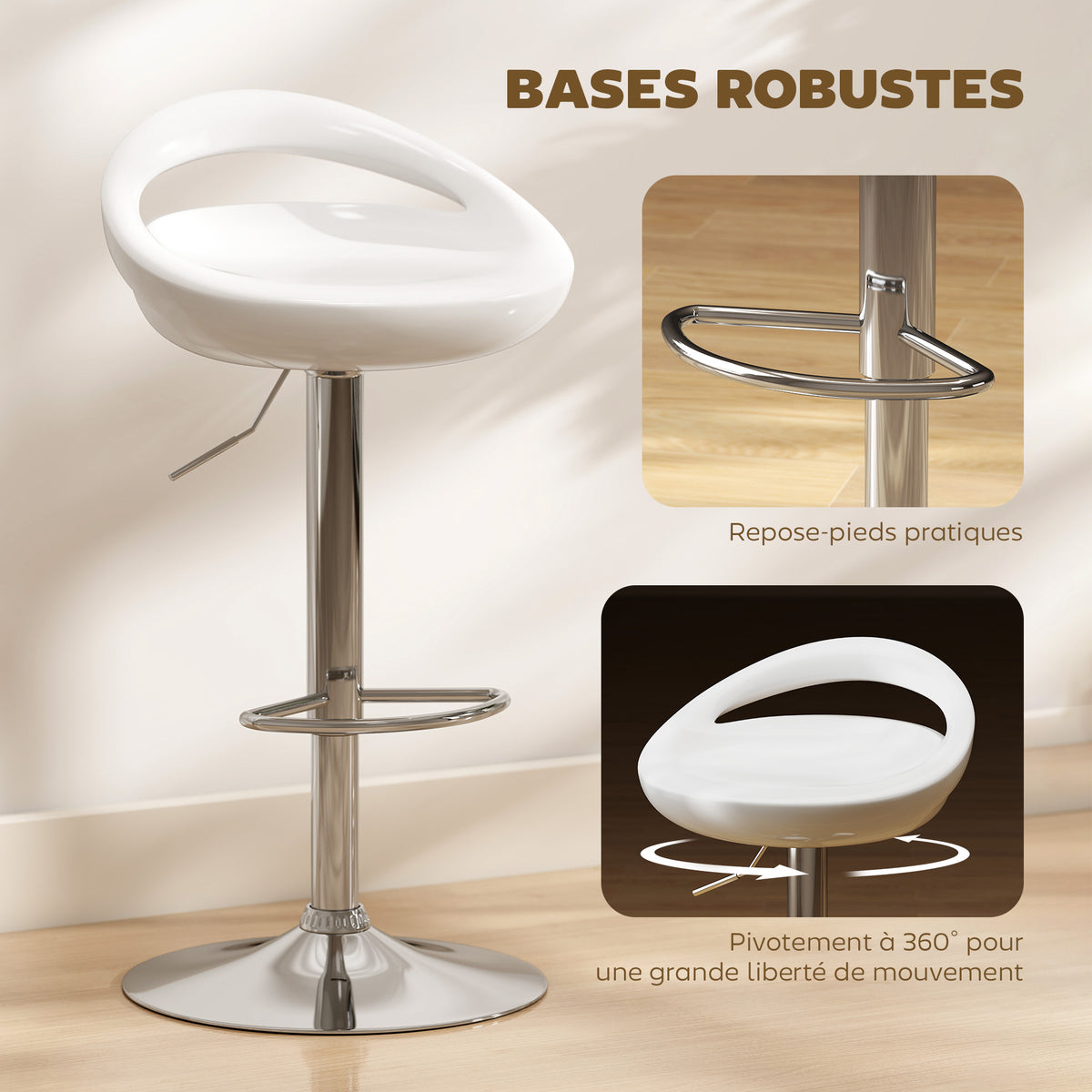 Lot de 2 tabourets de bar chaises de bar hauteur réglable dossier et repose-pieds pivotant à 360° 46x41x76-96cm blanc-4