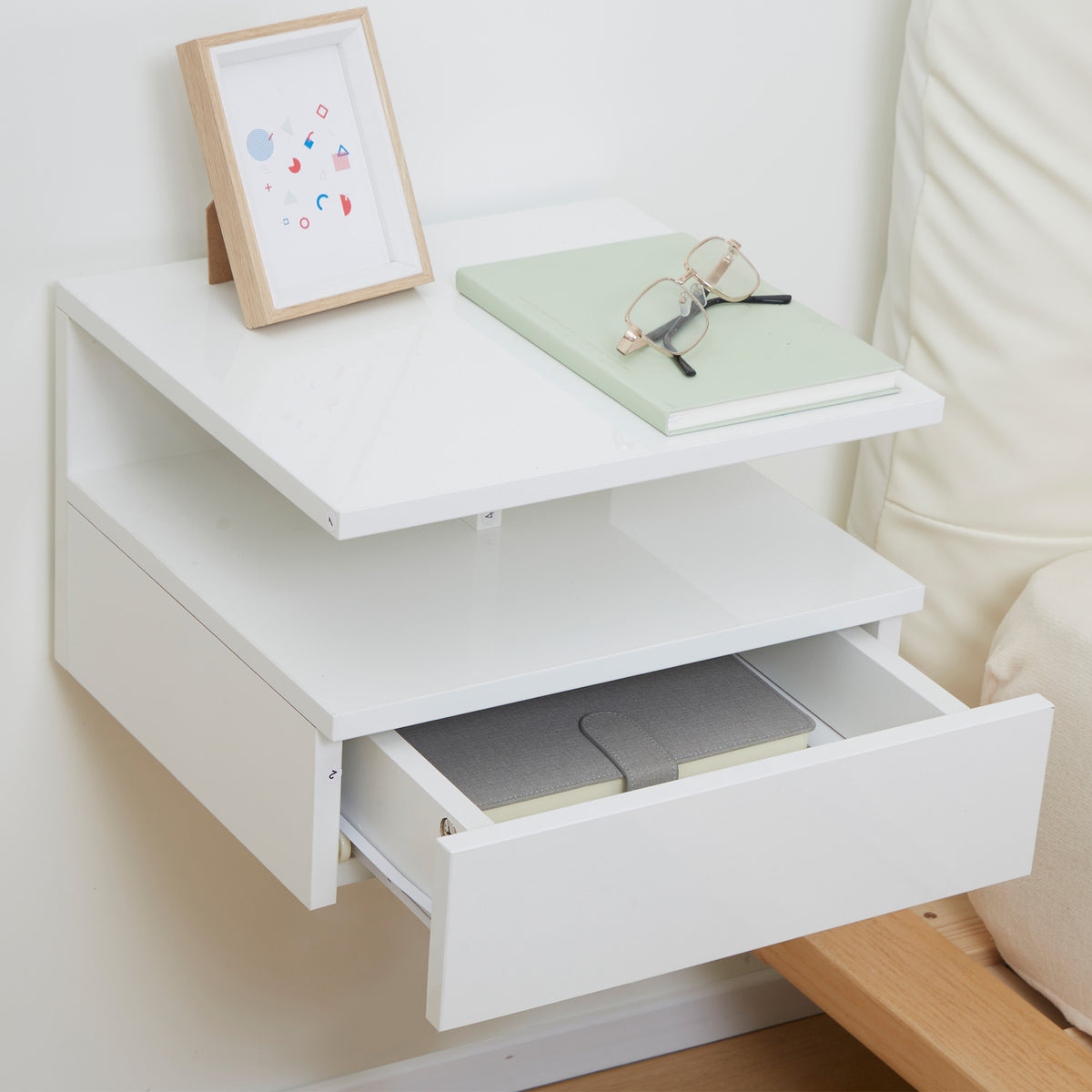 Lot de 2 tables de chevet murales tables de nuit tiroir coulissant, niche, plateau, 35 x 32 x 22,5 cm blanc-6