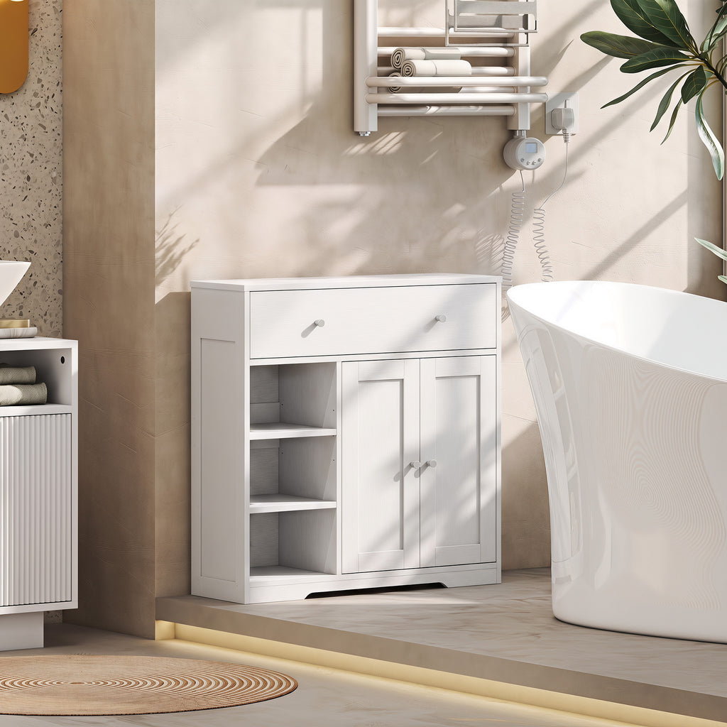 Meuble de Salle de Bain avec 1 Tiroir, 2 Portes, 3 Compartiments Ouverts, Style Scandinave, 80x30x80,2cm, Blanc-1