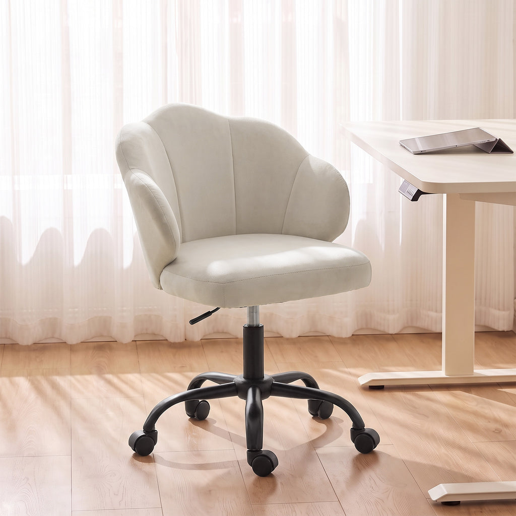 Chaise Bureau en Velours, Chaise Coiffeuse avec Dossier en Pétale, Hauteur Réglable, Fonction Bascule, Crème-1