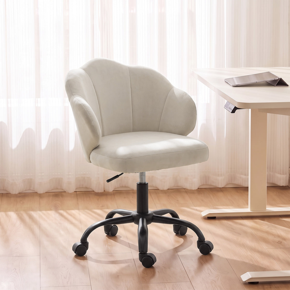Chaise Bureau en Velours, Chaise Coiffeuse avec Dossier en Pétale, Hauteur Réglable, Fonction Bascule, Crème-1