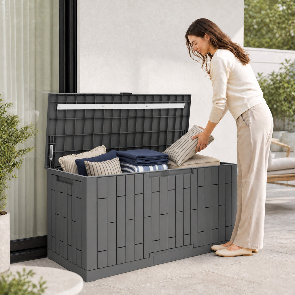 Coffre de Rangement Extérieur 379 L Verrouillable avec Vérin à Gaz, Aspect Bois, 122,5x56x62cm, Gris-9