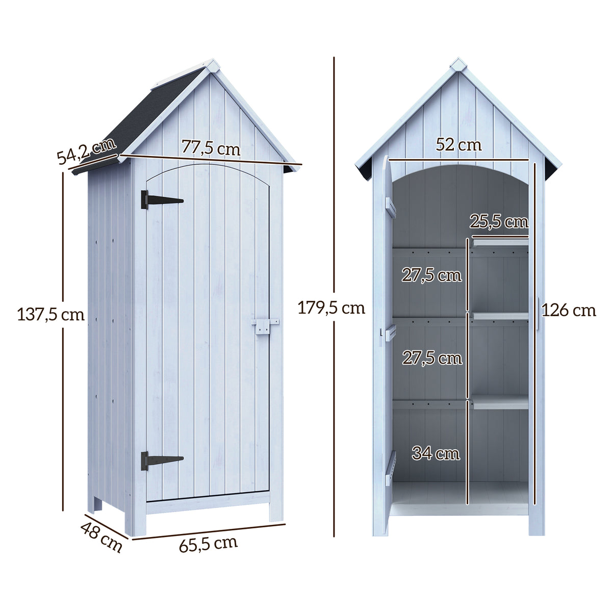 Abri de jardin en bois cabane de jardin exterieur armoire de jardin avec toit bitumé 3 étagères porte avec loquet rangement et stockage extérieurs pour terrasse 77,5 x 54,2 x 179,5 cm blanc-2