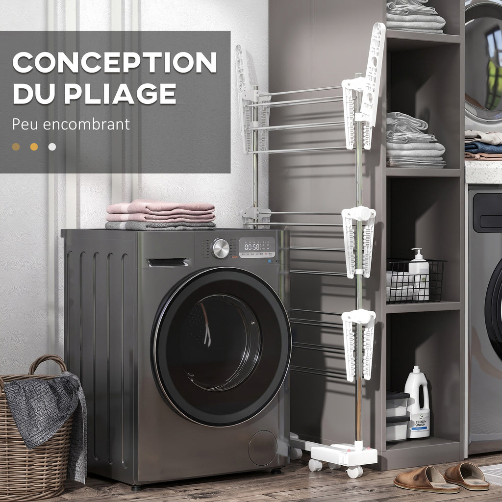 Étendoir à Linge 3 Niveaux, Sechoir a Linge avec 6 Roulettes, Pliable, Cadre en Acier Inoxydable et Ailes Latérales, pour Intérieur Extérieur, 142 x 55 x 152 cm, Blanc-5