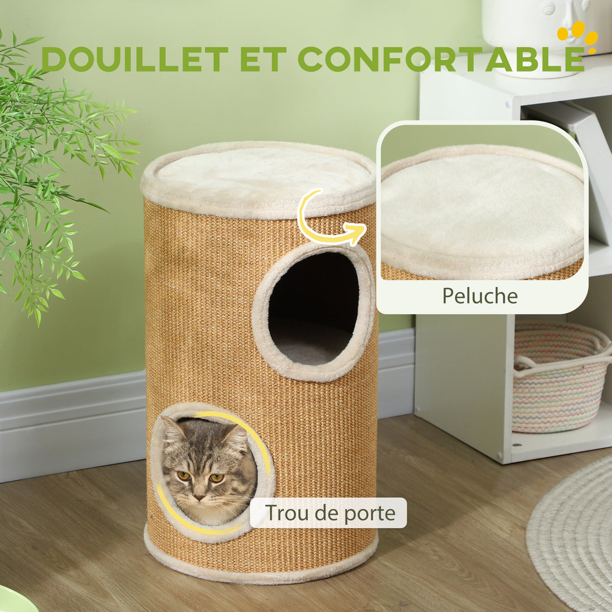 Tonneau à gratter pour chat tour à griffer arbre à chat à 2 couches en sisal naturel pour 1 à 2 chats Ø 35 x 60H cm-5