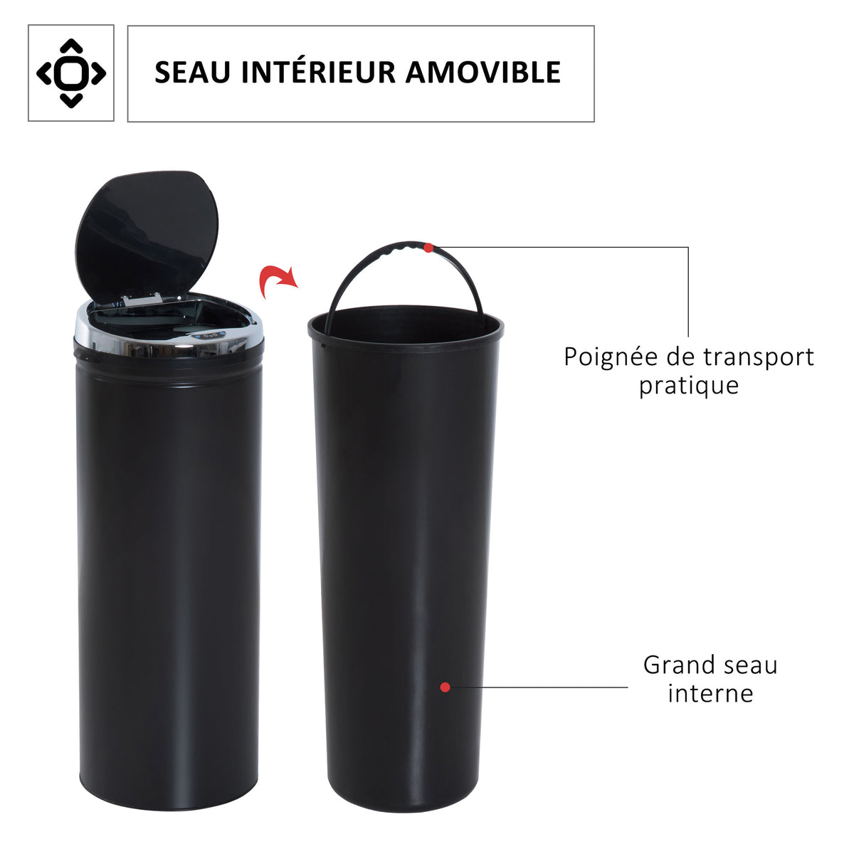 Poubelle à capteur de mouvement ouverture automatique 1 bac de 50 L en acier inoxydable noir-3