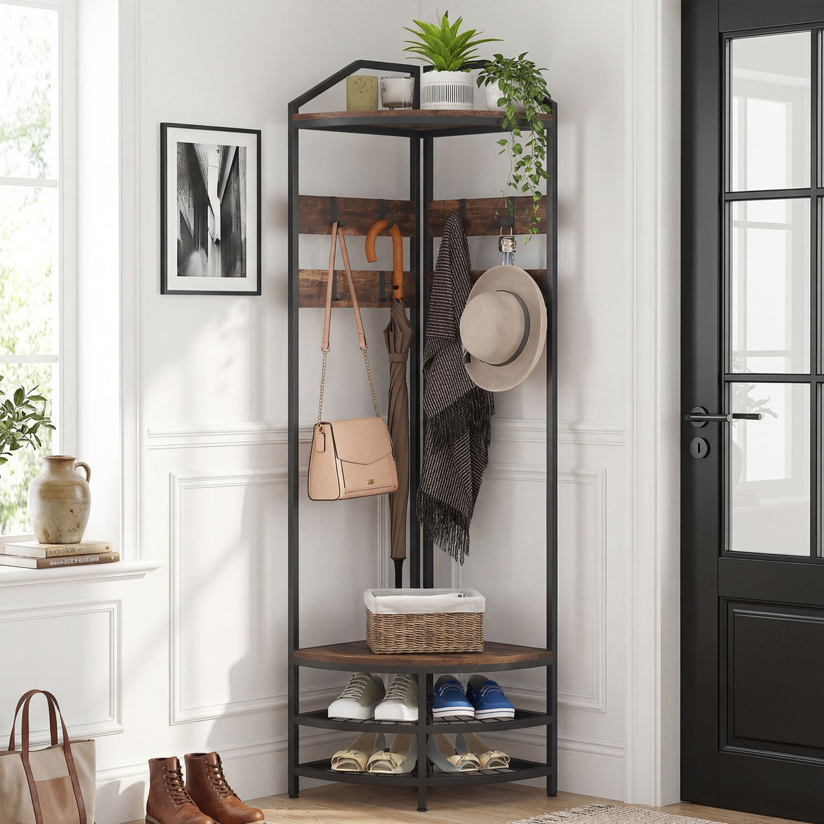 Meuble d'entrée d'angle, vestiaire à 4 niveaux, rangement pour chaussures, 8 patères mobiles, 2 étagères, brun rustique-1