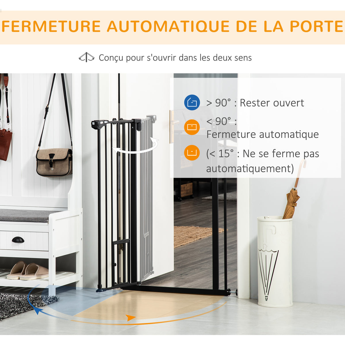 Barrière de sécurité animaux de 104,1H cm avec porte fermeture automatique système de double verrouillage noir-4