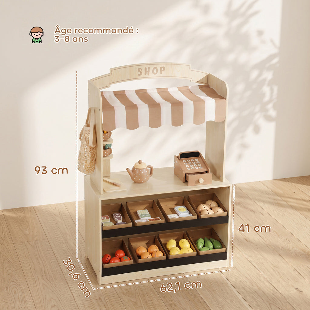 Marchande Enfants en Bois, Caisse Enregistreuse, Aliments Factices, Tableau à Craie et 61 Accessoires, pour 3 à 8 Ans-2