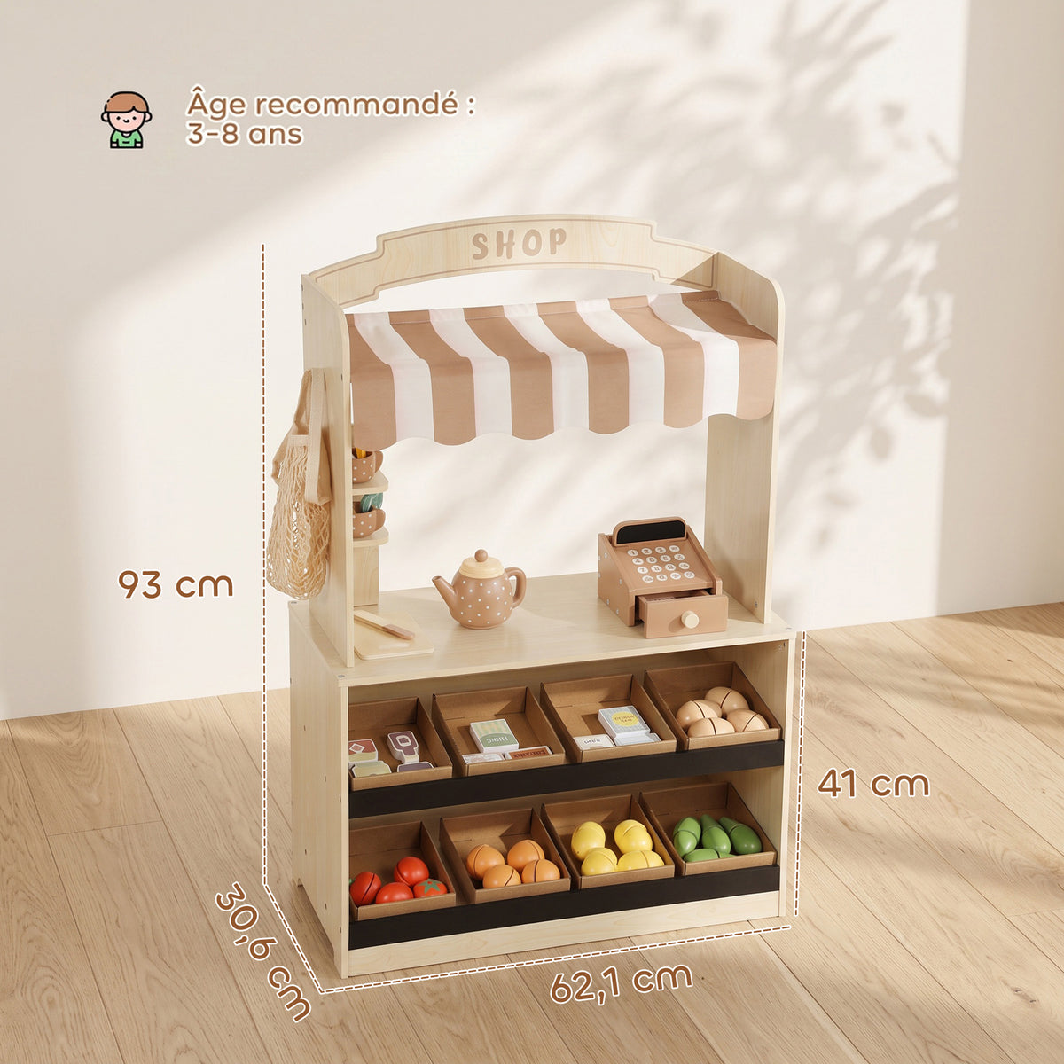 Marchande Enfants en Bois, Caisse Enregistreuse, Aliments Factices, Tableau à Craie et 61 Accessoires, pour 3 à 8 Ans-2