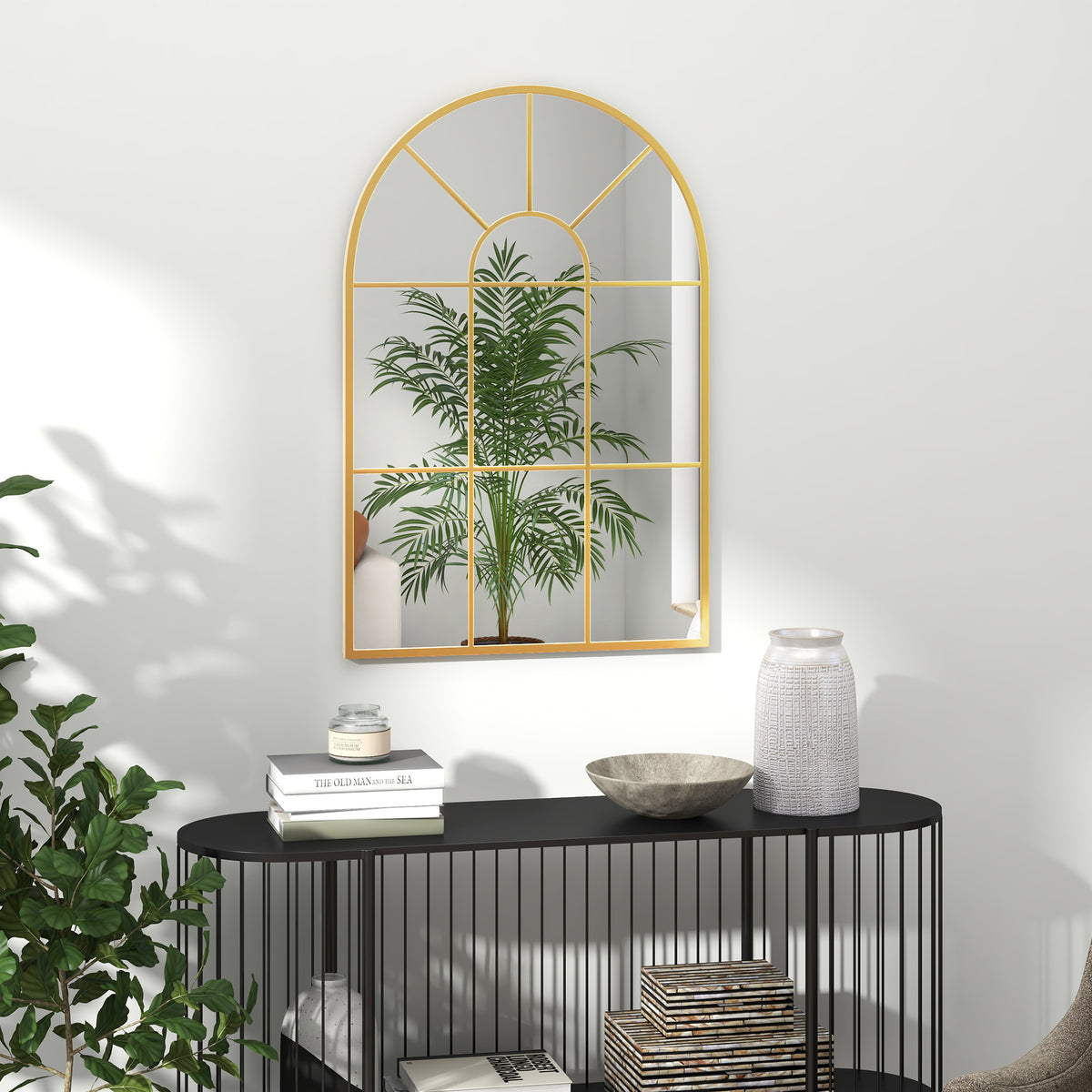 Miroir mural en métal cadre doré en forme de voûtée – 91 x 60 cm – décoration pour entrée ,chambre à coucher, salon-1